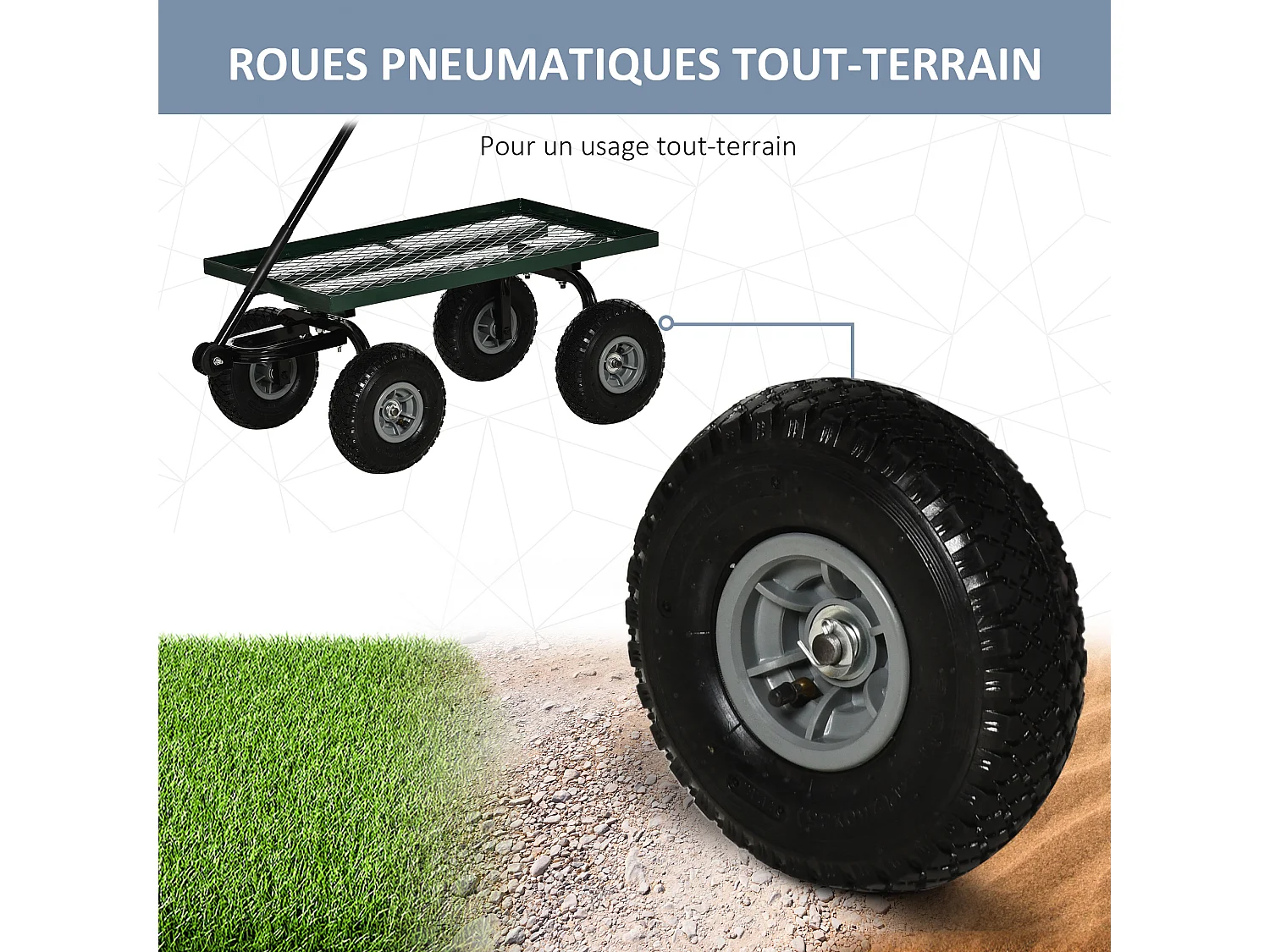 Chariot de transport jardin remorque à main charrette à bras 4 roues 94L x 48,5l x 100H cm charge max. 150 Kg métal vert