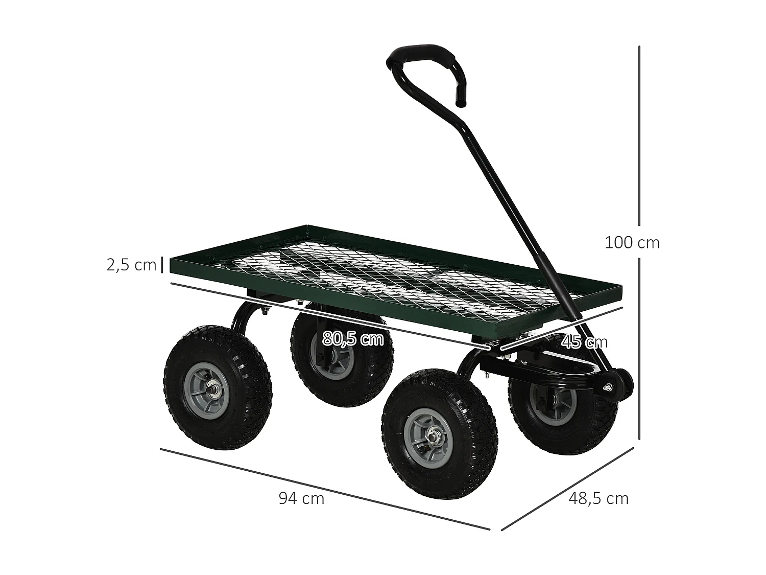 Chariot de transport jardin remorque à main charrette à bras 4 roues 94L x 48,5l x 100H cm charge max. 150 Kg métal vert