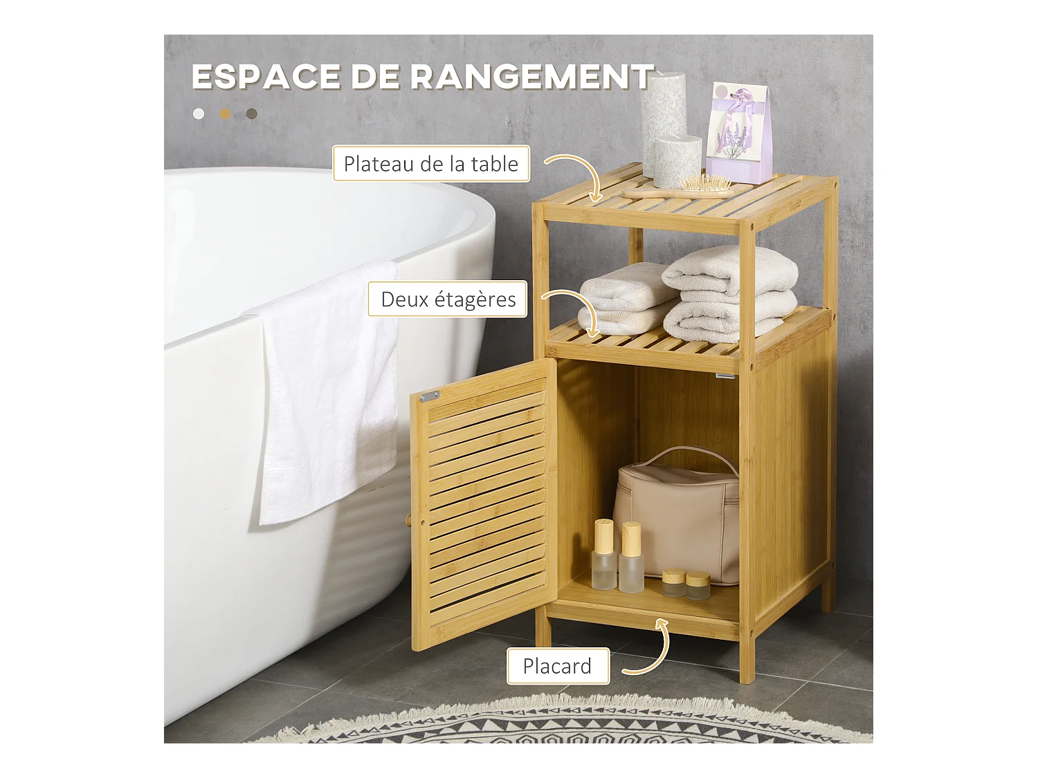 Meuble bas salle de bain rangement salle de bain 1 porte 2 étagères bois bambou verni