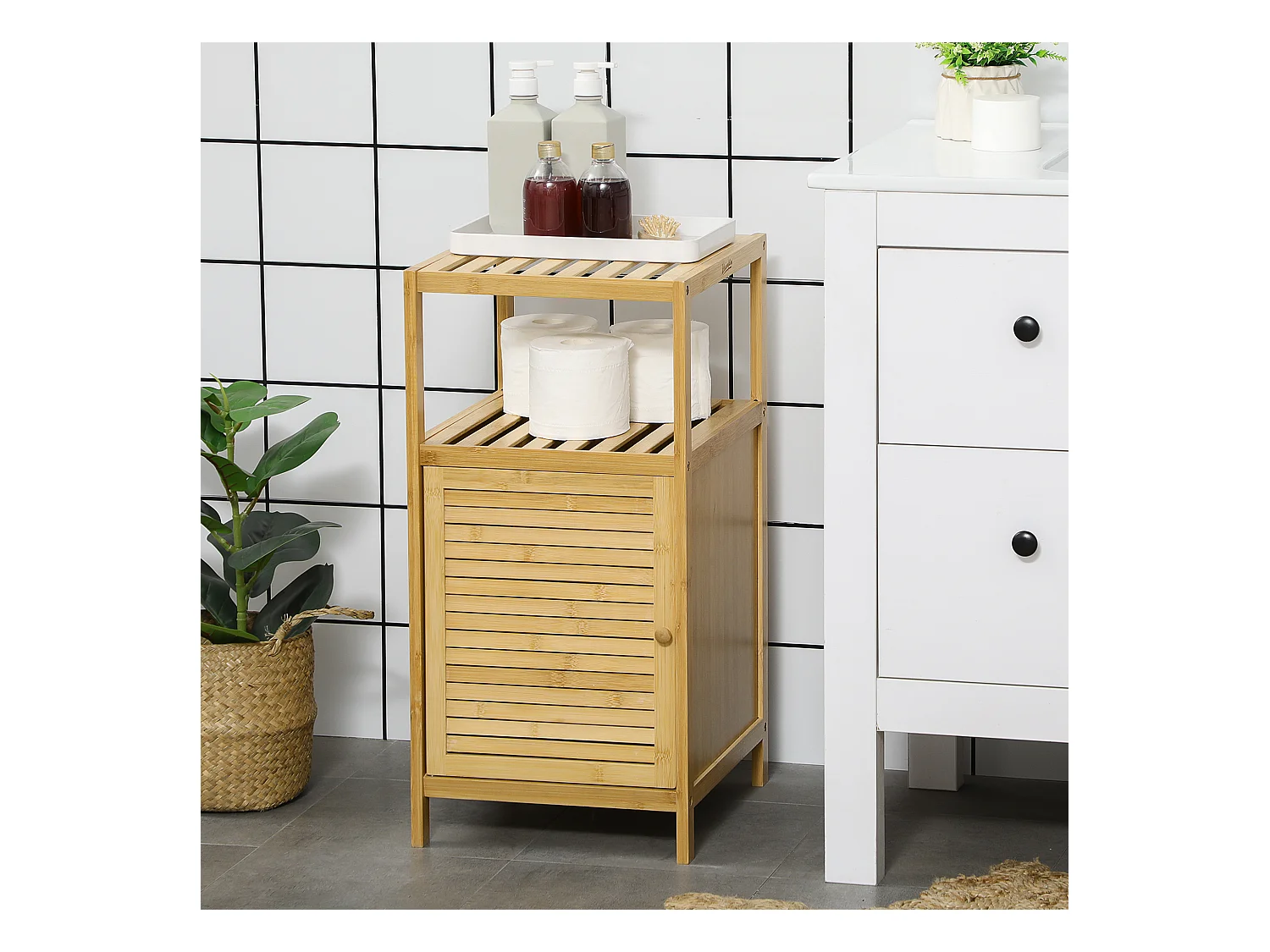 Meuble bas salle de bain rangement salle de bain 1 porte 2 étagères bois bambou verni