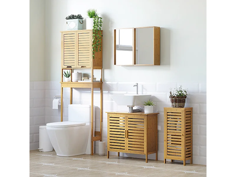 Meuble bas de salle de bain une porte - étagère réglable - bois de bambou verni