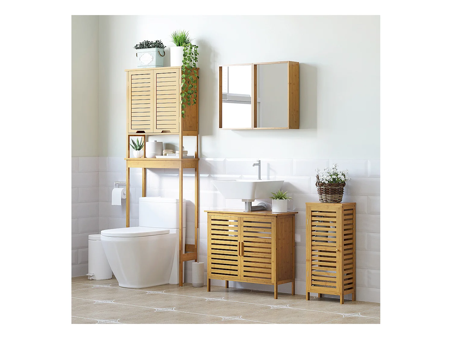 Meuble bas de salle de bain une porte - étagère réglable - bois de bambou verni