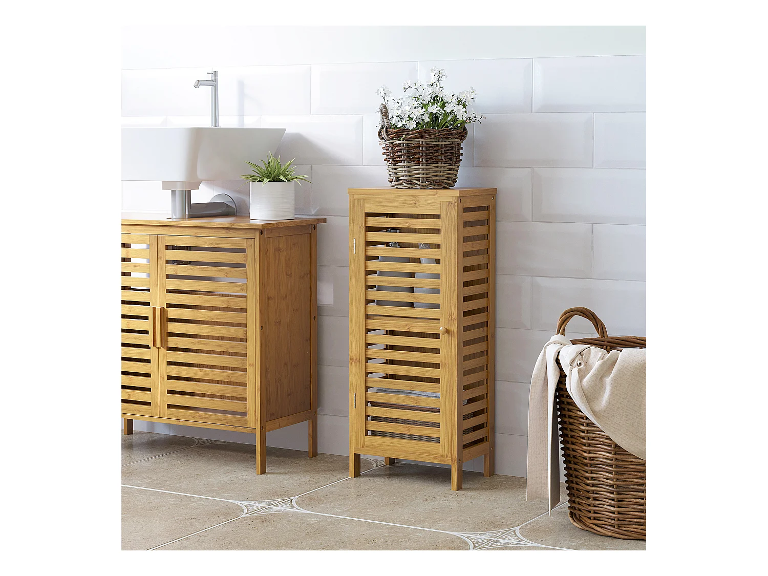 Meuble bas de salle de bain une porte - étagère réglable - bois de bambou verni