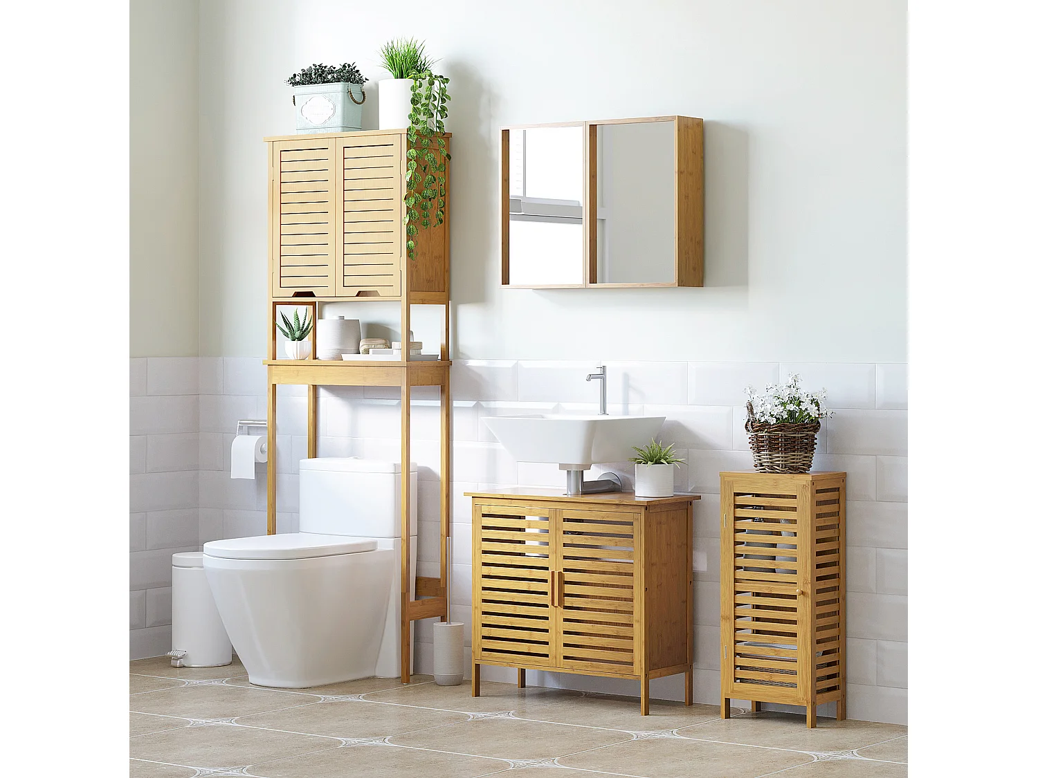 Meuble bas de salle de bain une porte - étagère réglable - bois de bambou verni