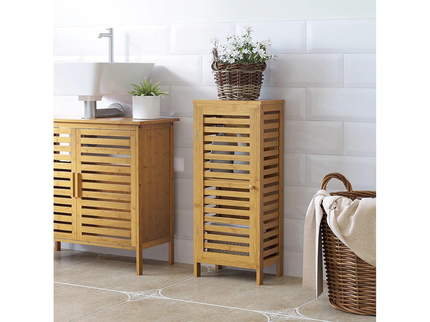 Meuble bas de salle de bain une porte - étagère réglable - bois de bambou verni