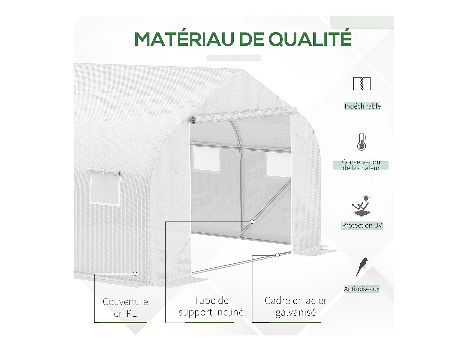 Serre tunnel de jardin 3,5 x 3 x 2 m grande taille 6 fenêtres blanc