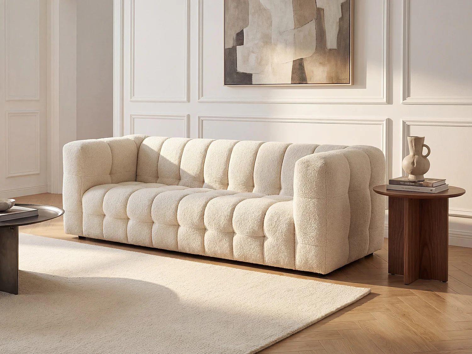 3-seater sofa in ivory white boucle fabric LERICI
