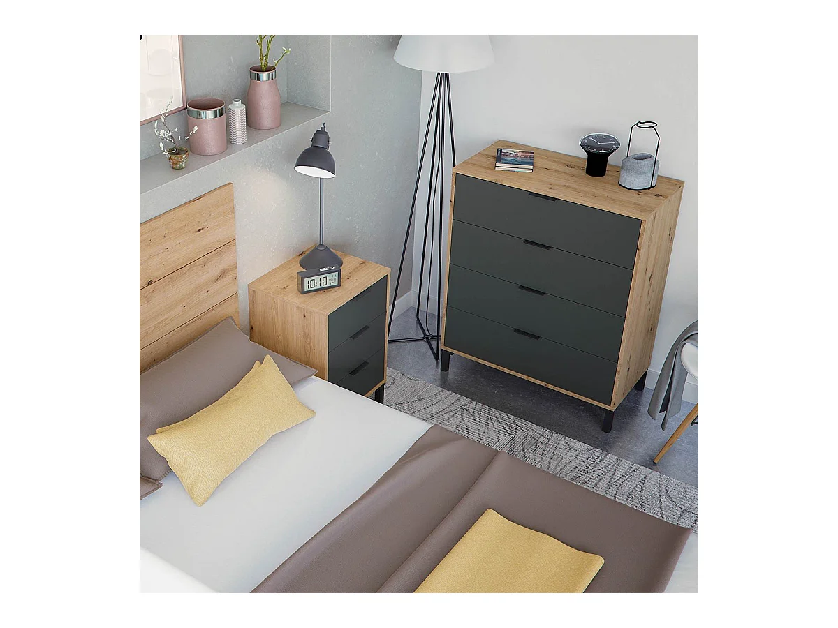 Commode 4 tiroirs décor chêne noueux et gris anthracite - L77,5 cm