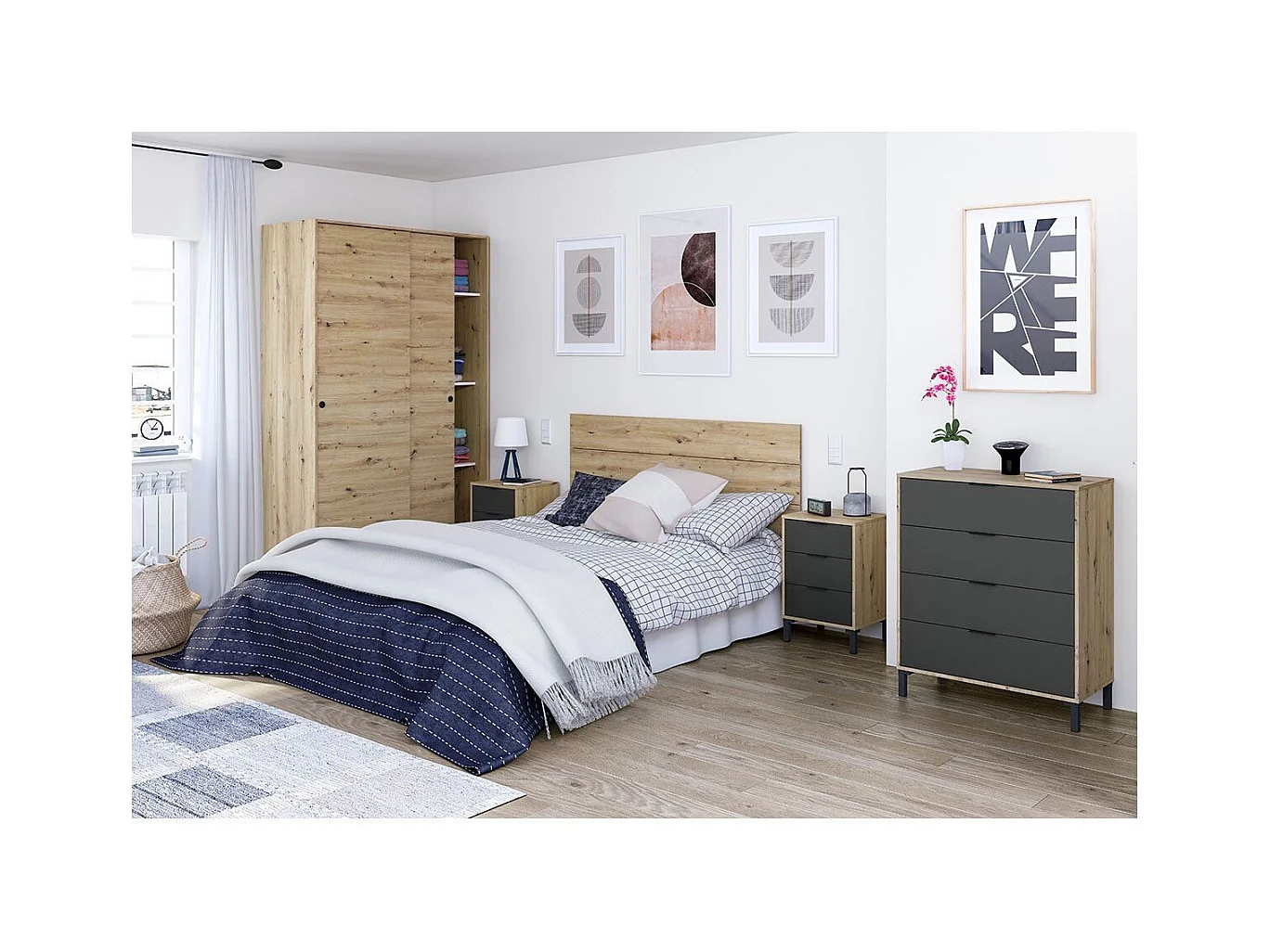 Commode 4 tiroirs décor chêne noueux et gris anthracite - L77,5 cm