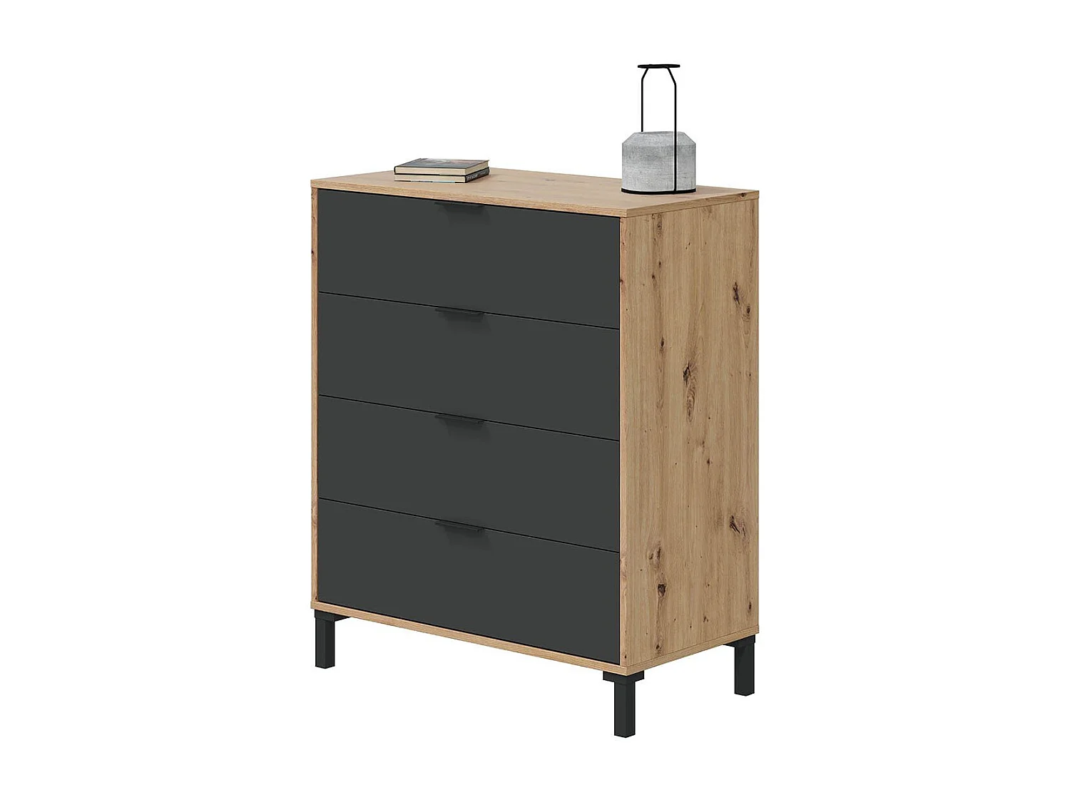 Kommode mit 4 Schubladen, Dekor Eiche und Anthrazitgrau - L77,5 cm