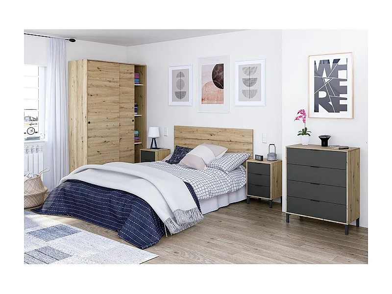 Commode 4 tiroirs décor chêne noueux et gris anthracite - L77,5 cm