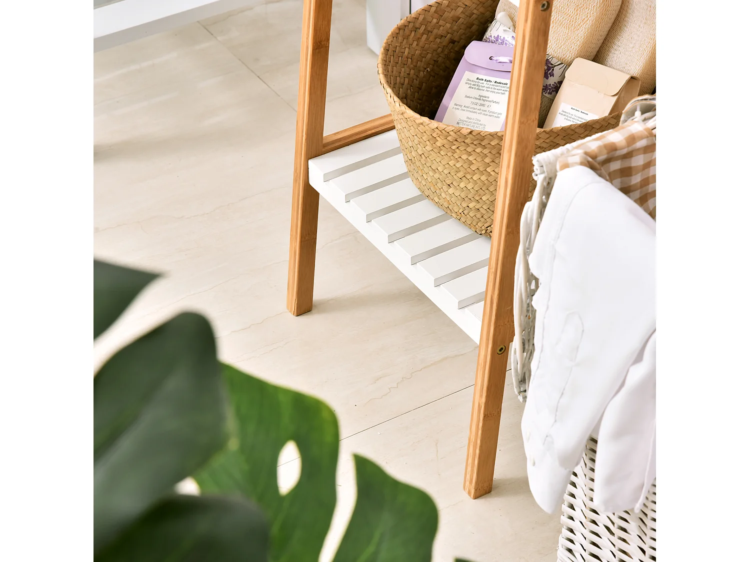 Estantería de baño blanco, bambú natural 35x36x138.5 cm kleankin