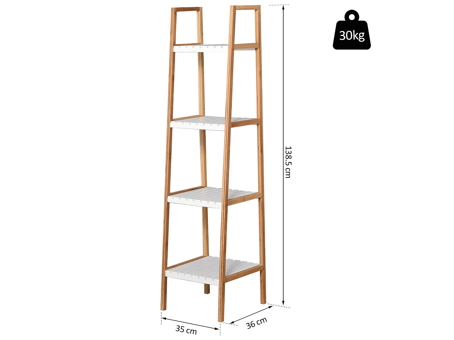 Estantería de baño blanco, bambú natural 35x36x138.5 cm kleankin