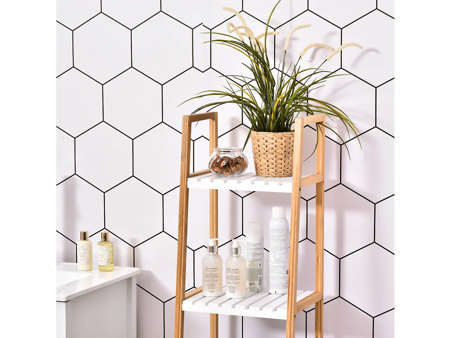 Estantería de baño blanco, bambú natural 35x36x138.5 cm kleankin