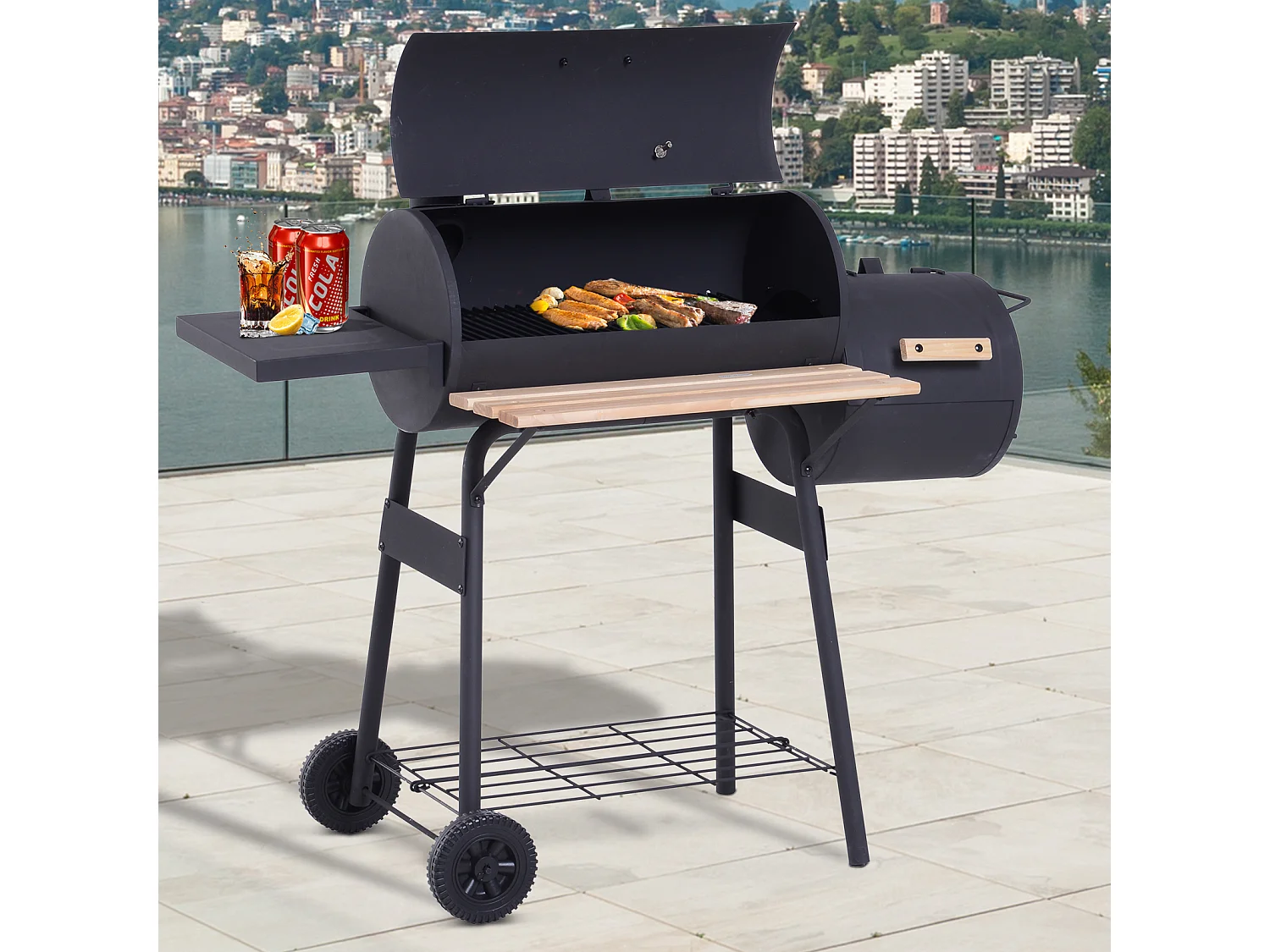 Barbacoa de carbón negro 124x53x104 cm Outsunny