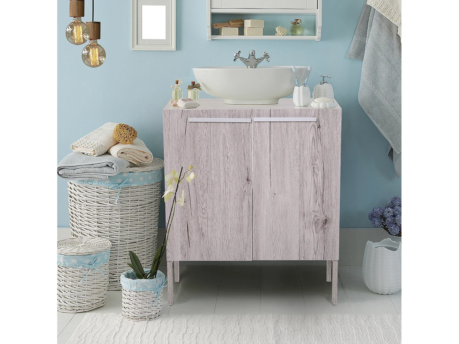 Mueble bajo de lavabo imitación madera tonos grisáceos 60x30x70 cm kleankin