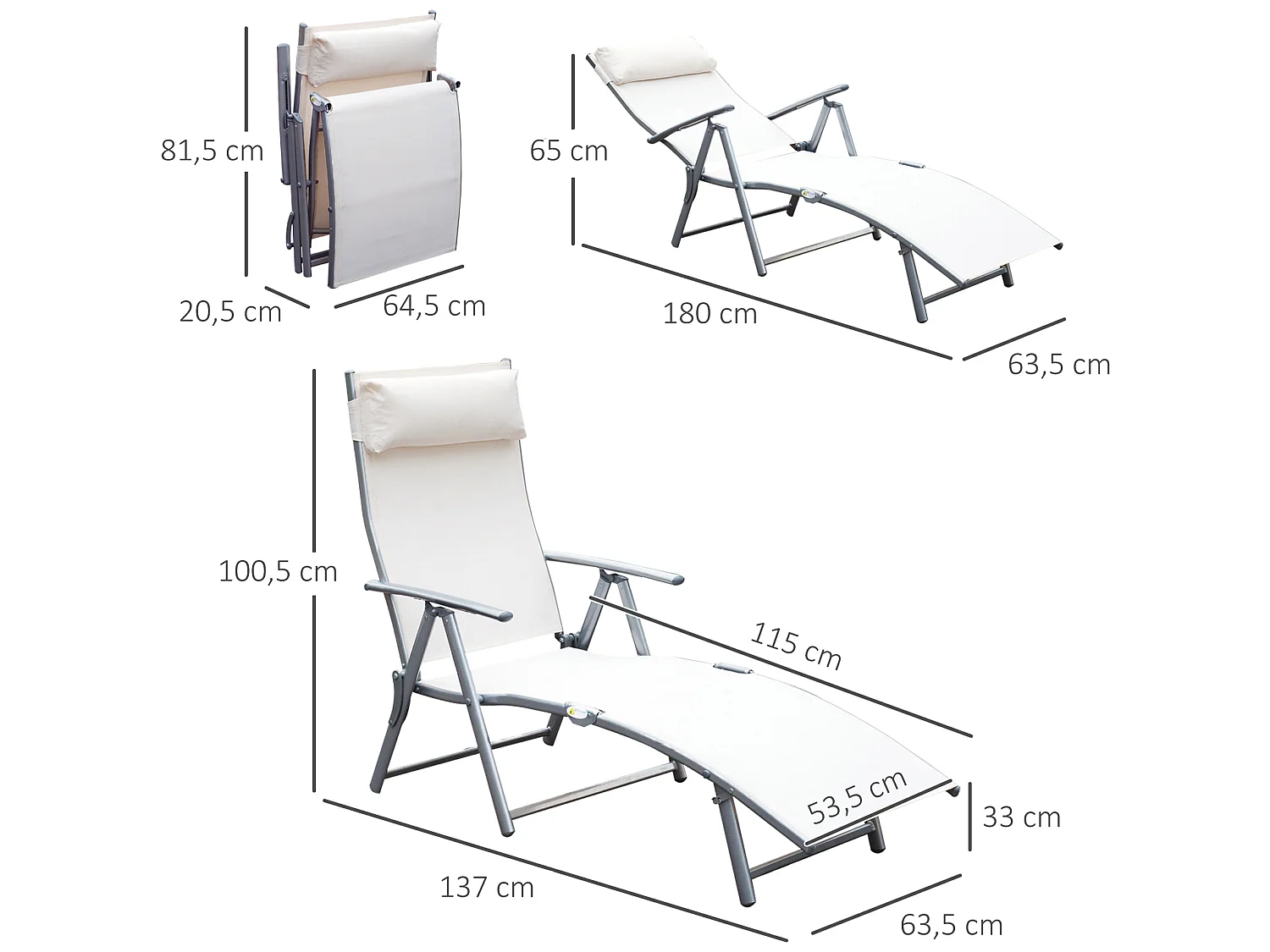 Tumbona plegable beige 137x63,5x100,5 cm Outsunny