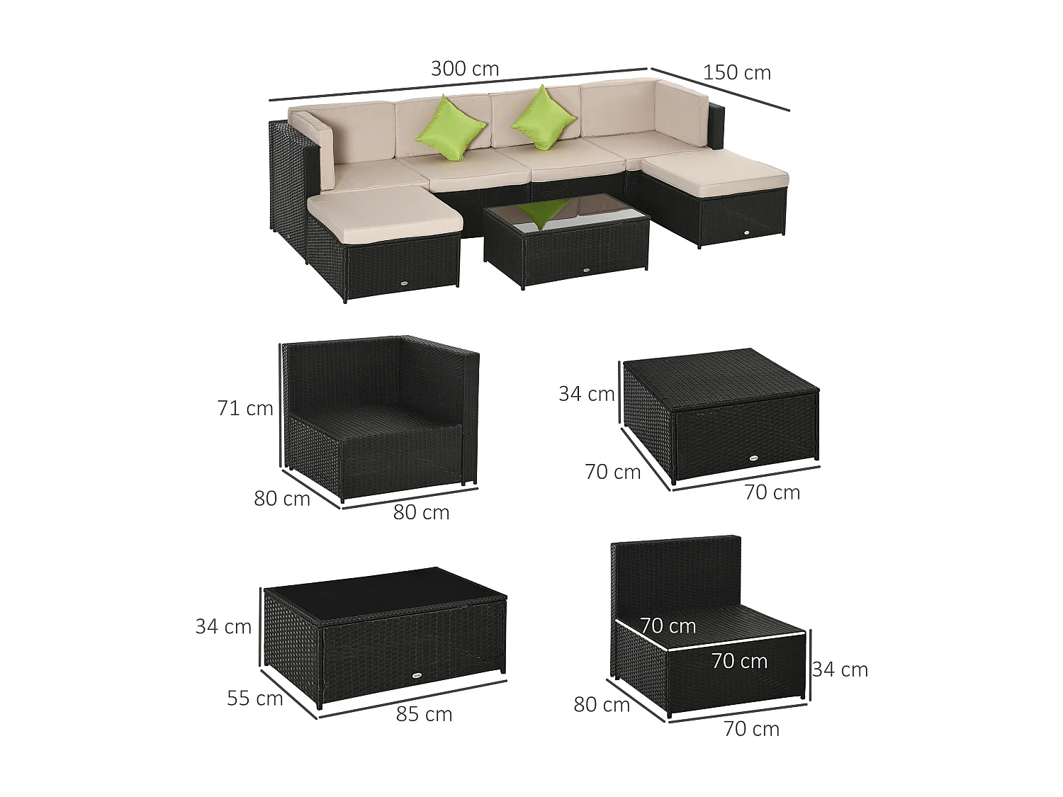 Conjunto muebles de jardín ratán negro, caqui y verde 80x80x71 cm Outsunny