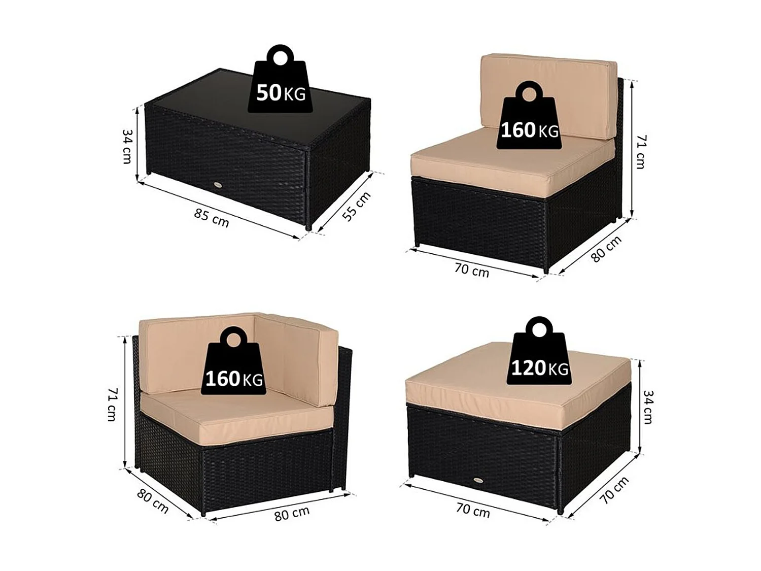 Conjunto muebles de jardín ratán negro, caqui y verde 80x80x71 cm Outsunny