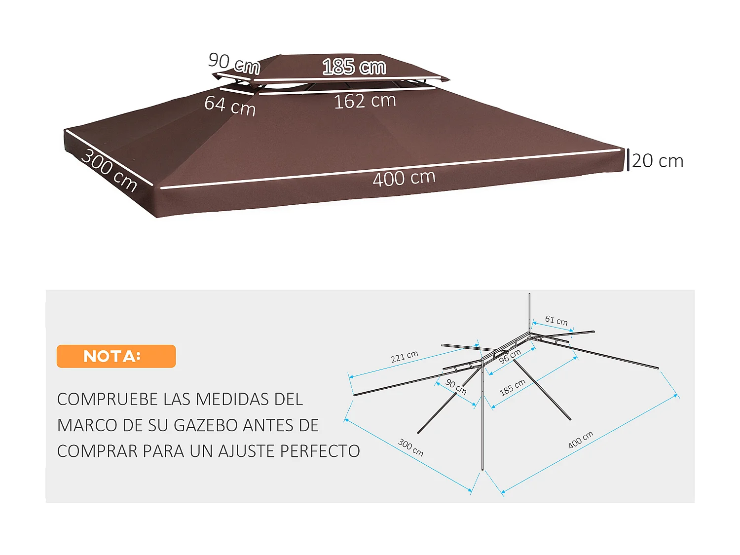 Techo de repuesto para cenador marrón 400x300 cm Outsunny