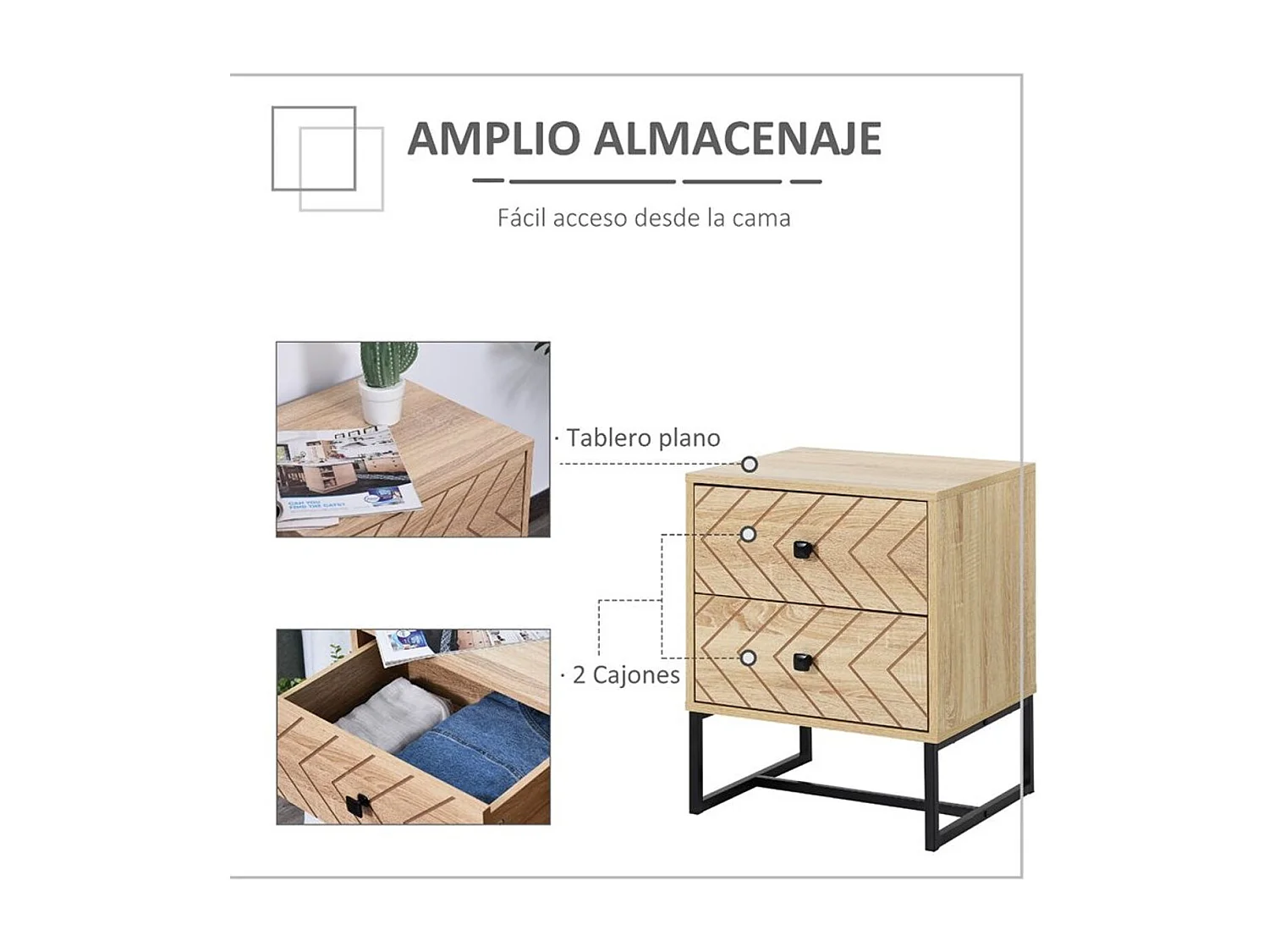 Mesita de noche color de madera natural 48x39,5x60cm HOMCOM