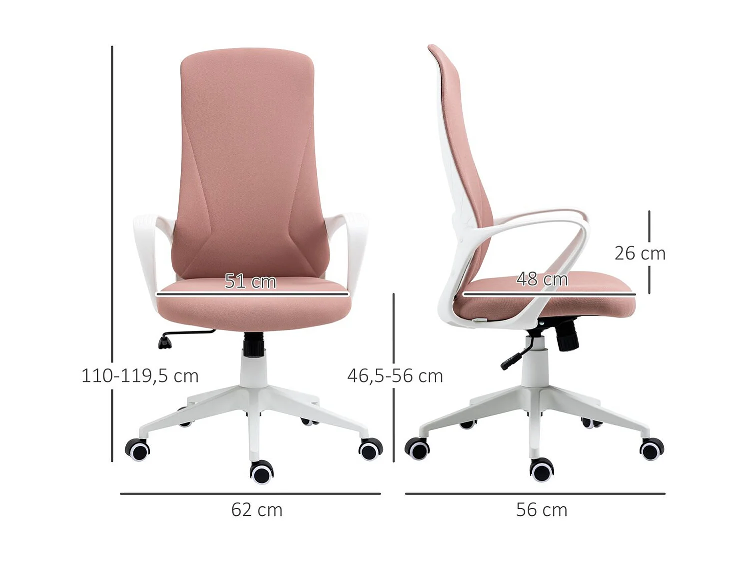 Silla de oficina rosa 62x56x119.5 cm Vinsetto