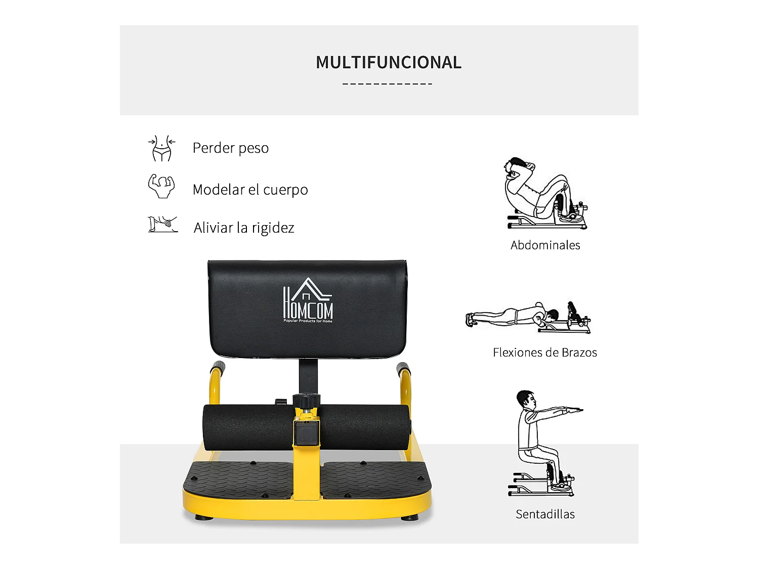3-en-1 profundo sissy squat amarillo y negro 50x97x56.5 cm HOMCOM
