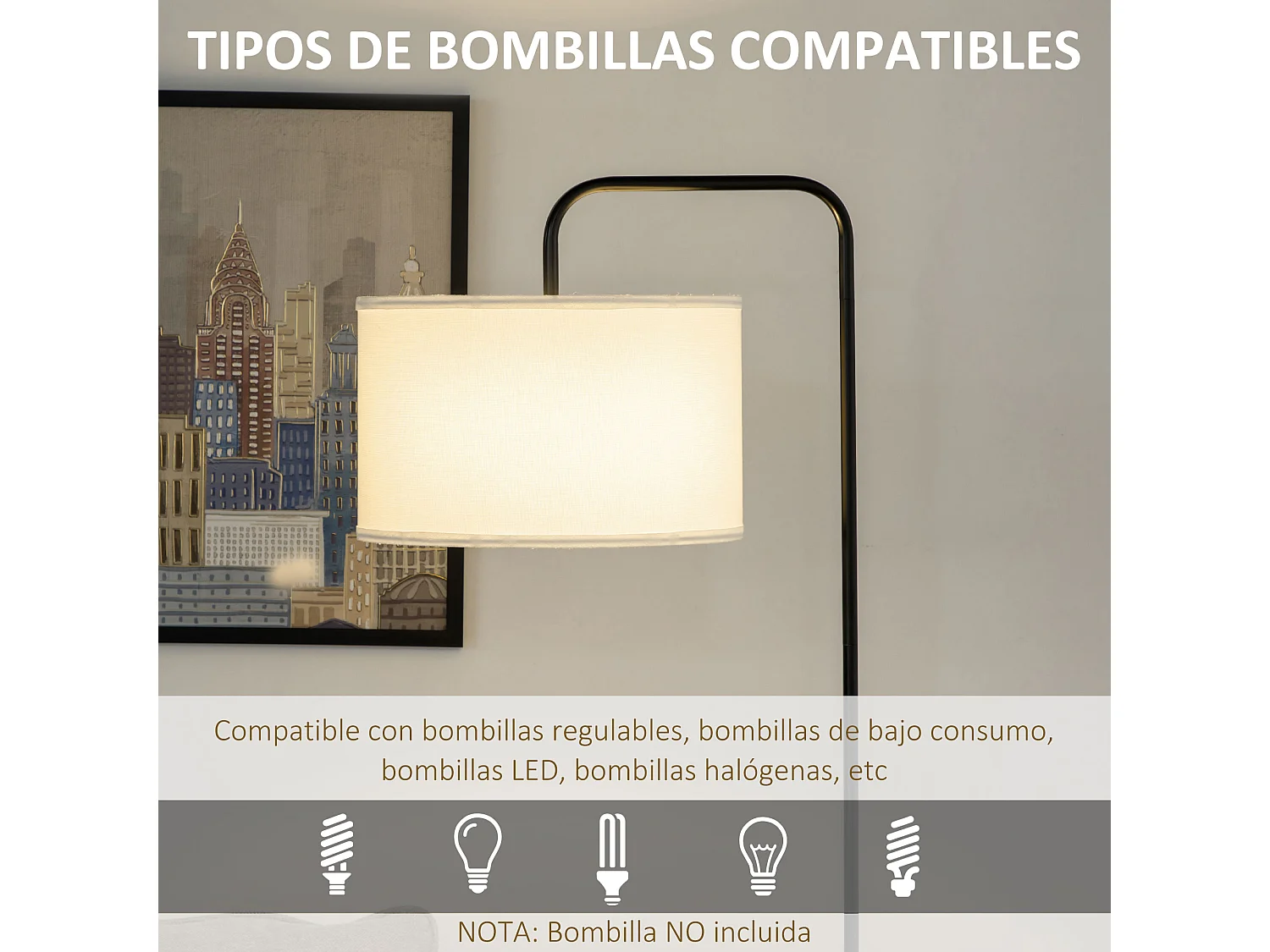 Lámpara de pie blanco y negro 64x38x163.5 cm HOMCOM