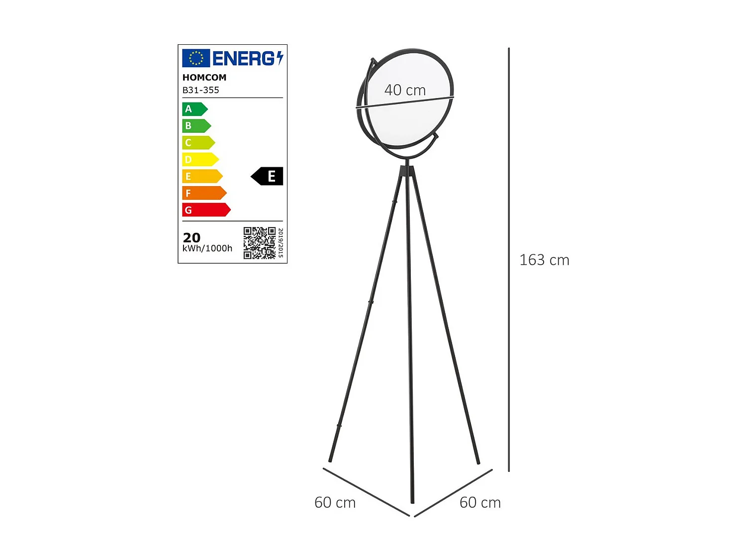 Lámpara de pie negro 60x60x163 cm HOMCOM