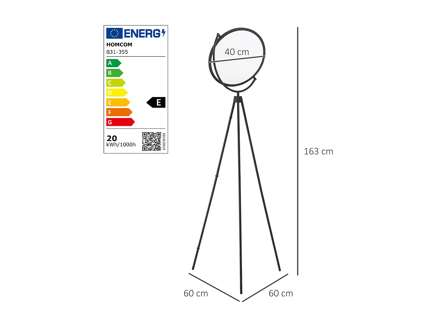 Lámpara de pie negro 60x60x163 cm HOMCOM