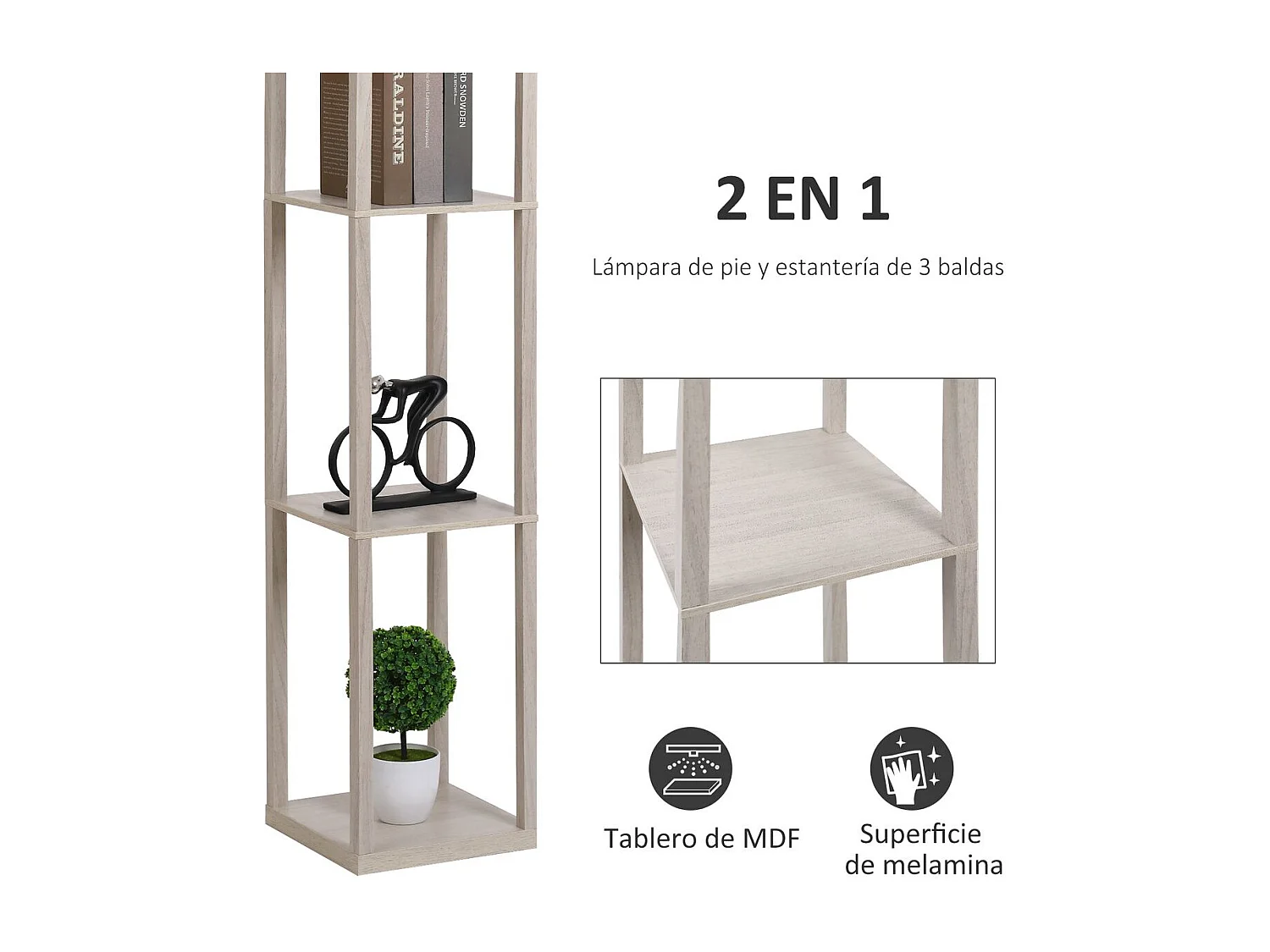 Lámpara de pie con estantes roble 26x26x160 cm HOMCOM