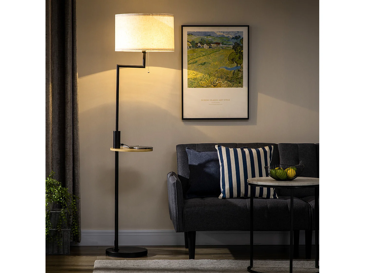 Lámpara de pie negro y madera natural 40x40x168 cm HOMCOM