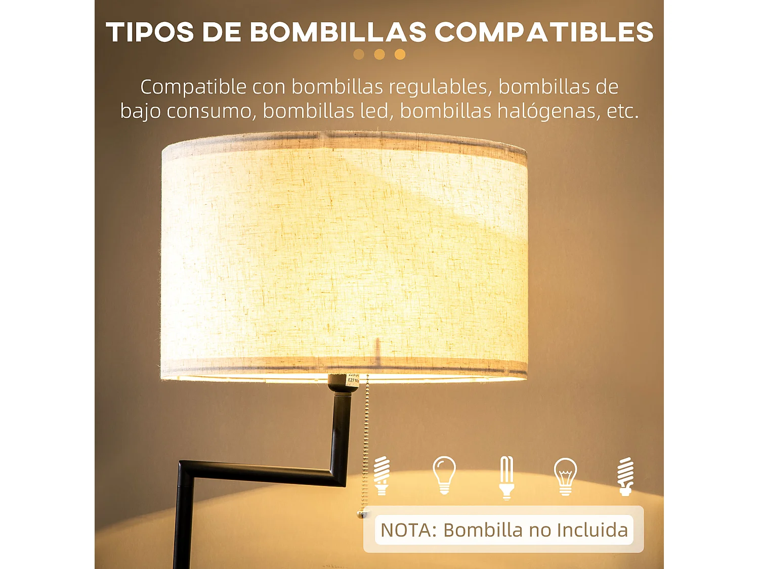 Lámpara de pie negro y madera natural 40x40x168 cm HOMCOM