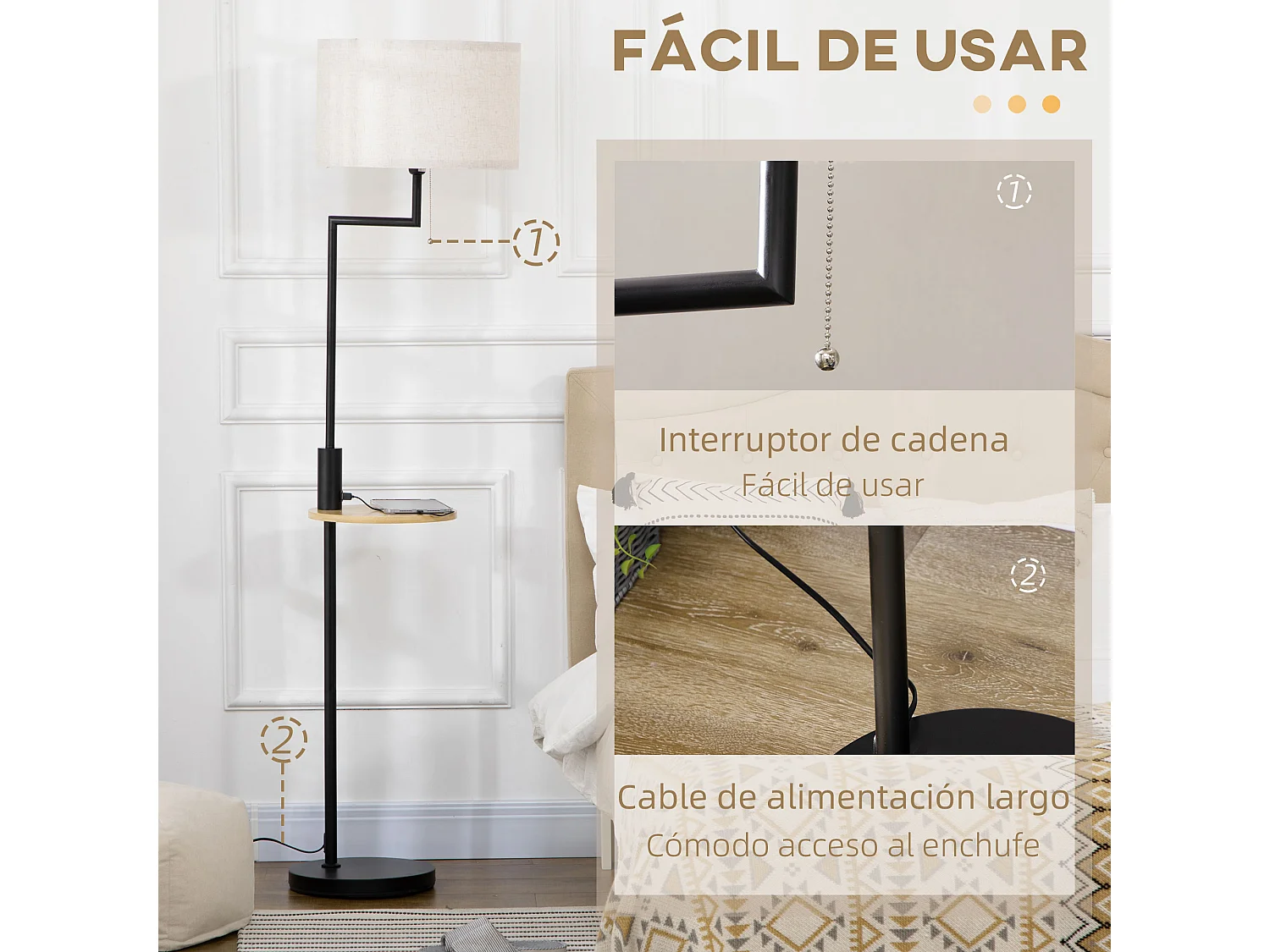 Lámpara de pie negro y madera natural 40x40x168 cm HOMCOM