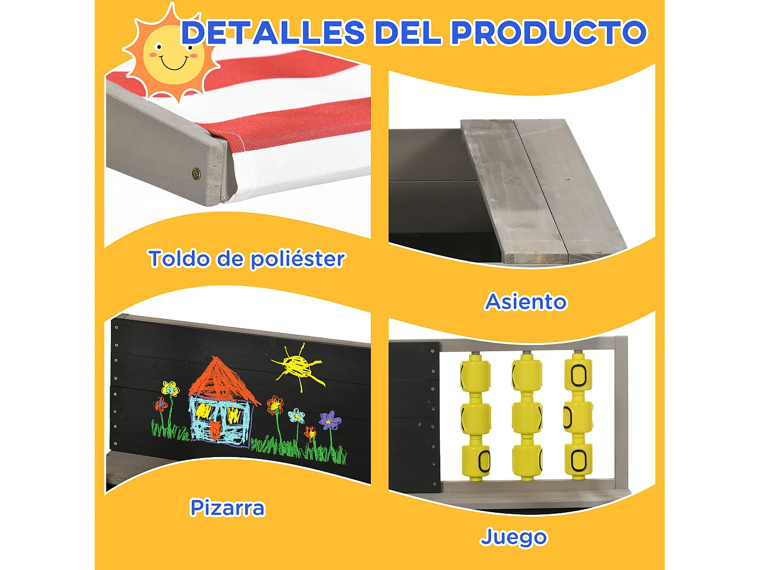 Arenero de madera gris 114x113x110 cm Outsunny