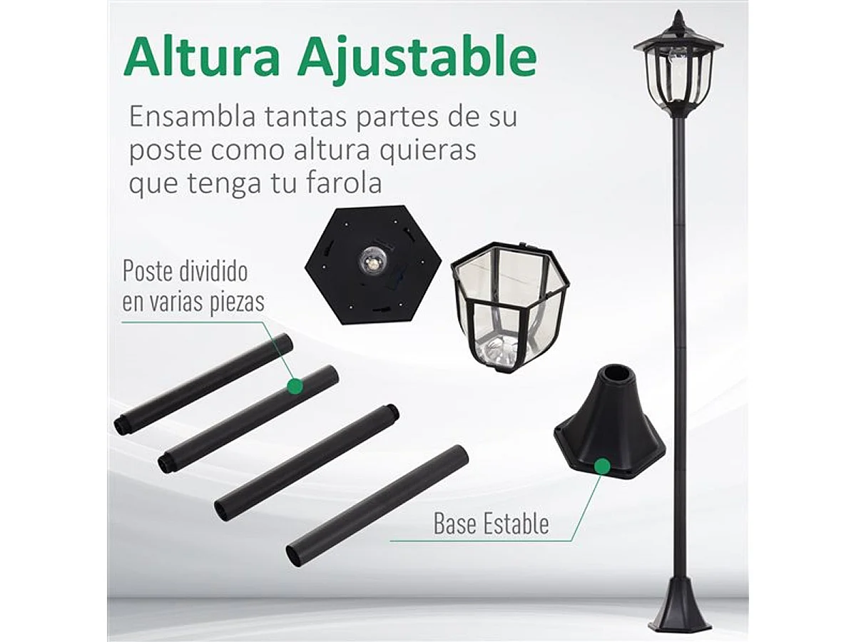 Farola solar exterior negro ø26.5x177 cm Outsunny