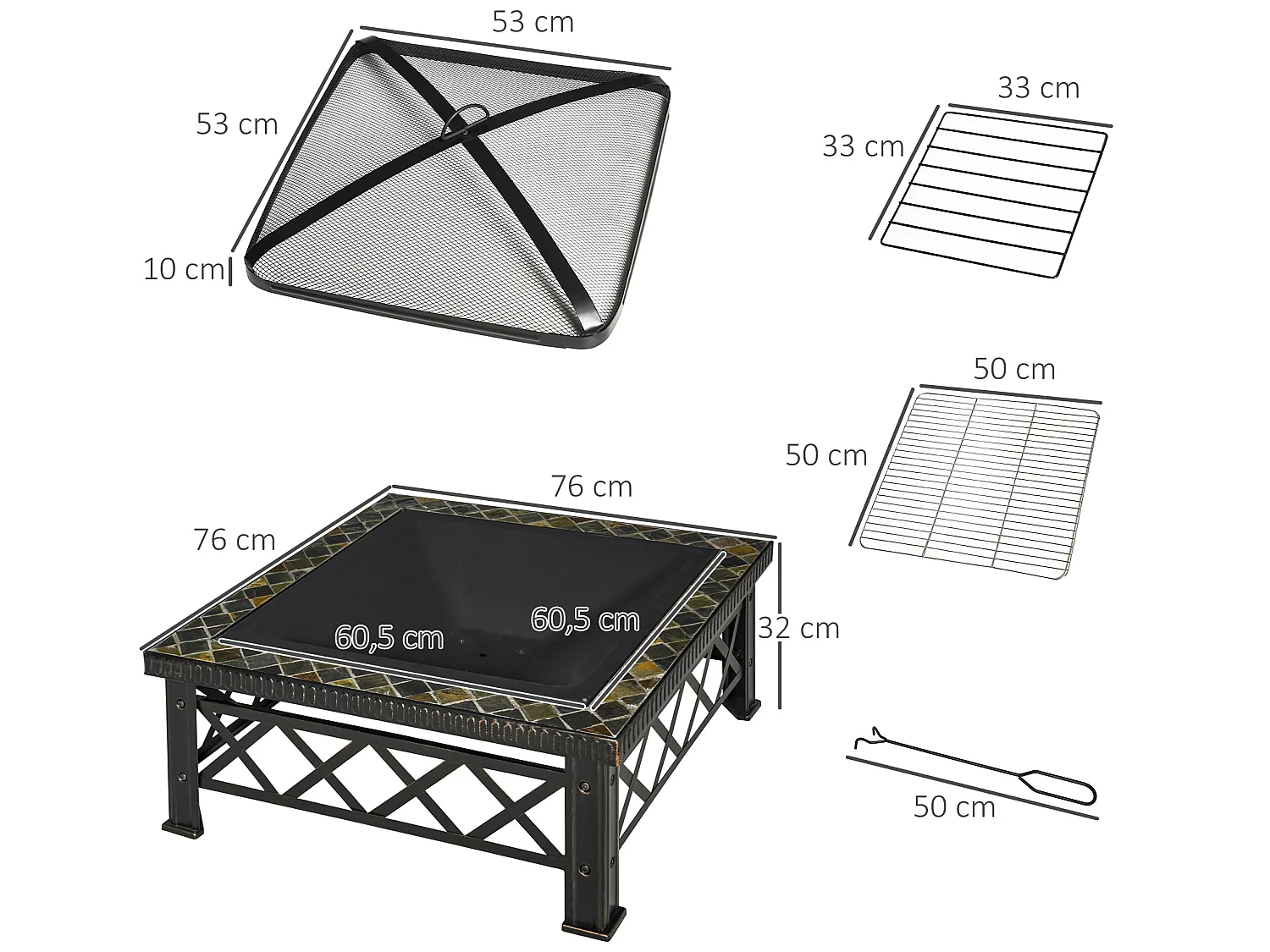 Brasero exterior negro 76x76x47 cm Outsunny