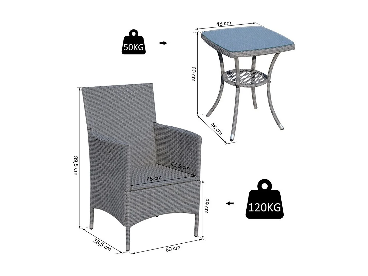 Conjunto de muebles ratán para jardín gris 60x58.5x89.5 cm Outsunny