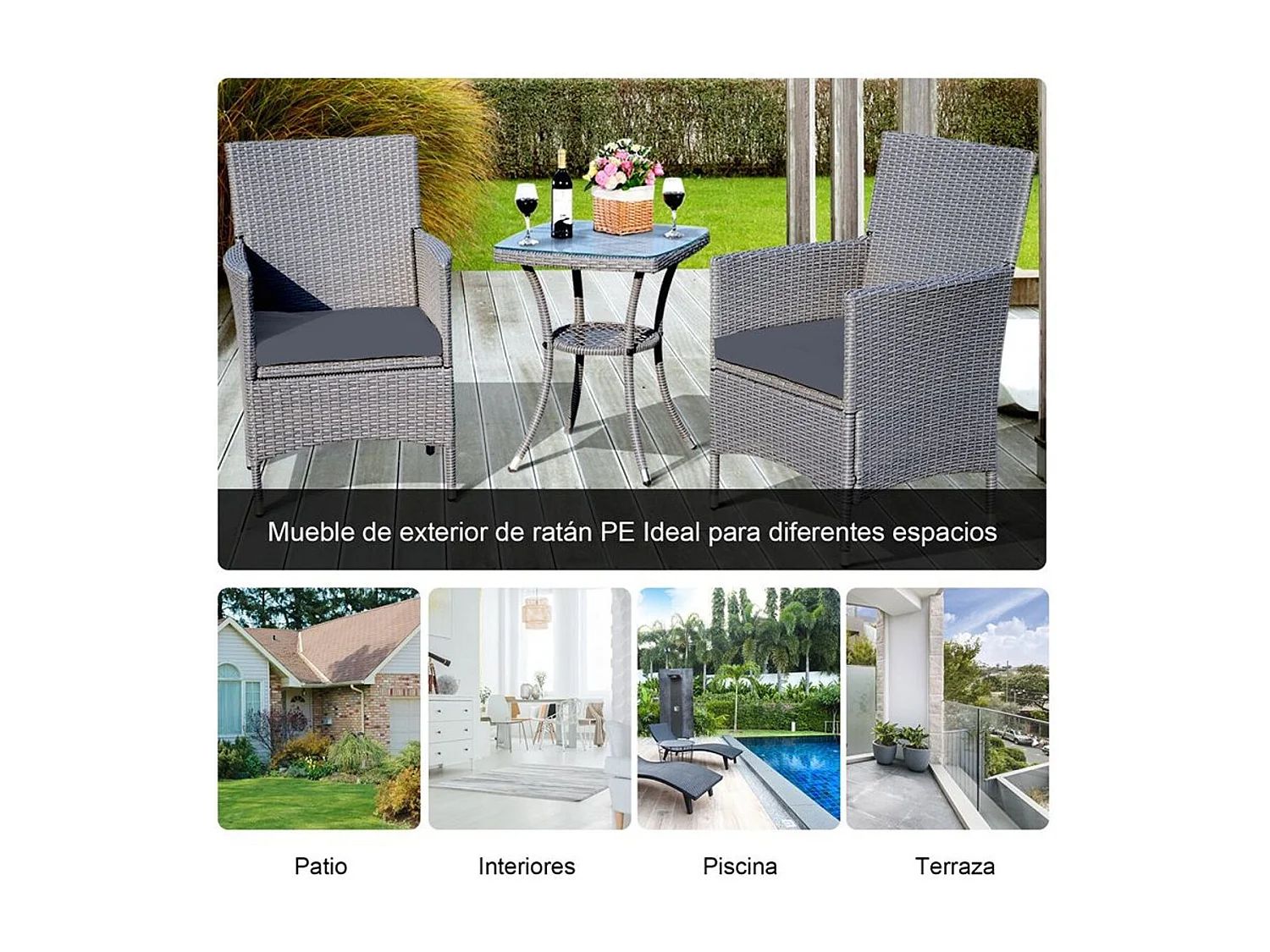 Conjunto de muebles ratán para jardín gris 60x58.5x89.5 cm Outsunny