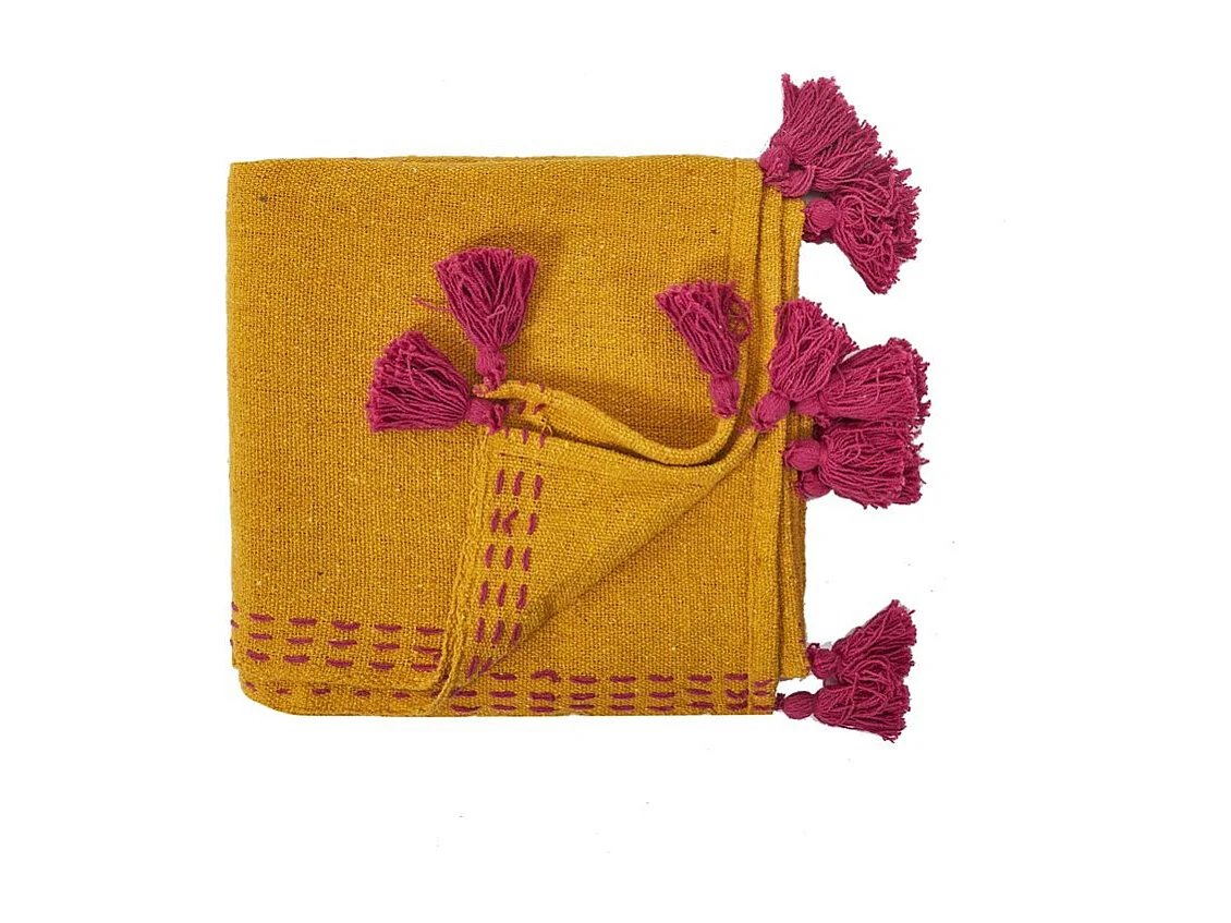 Jete De Canape Surpique Pompons Jaune 130x150cm