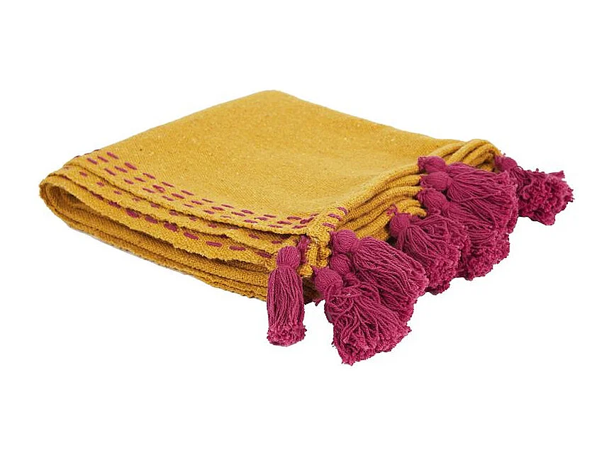 Jete De Canape Surpique Pompons Jaune 130x150cm