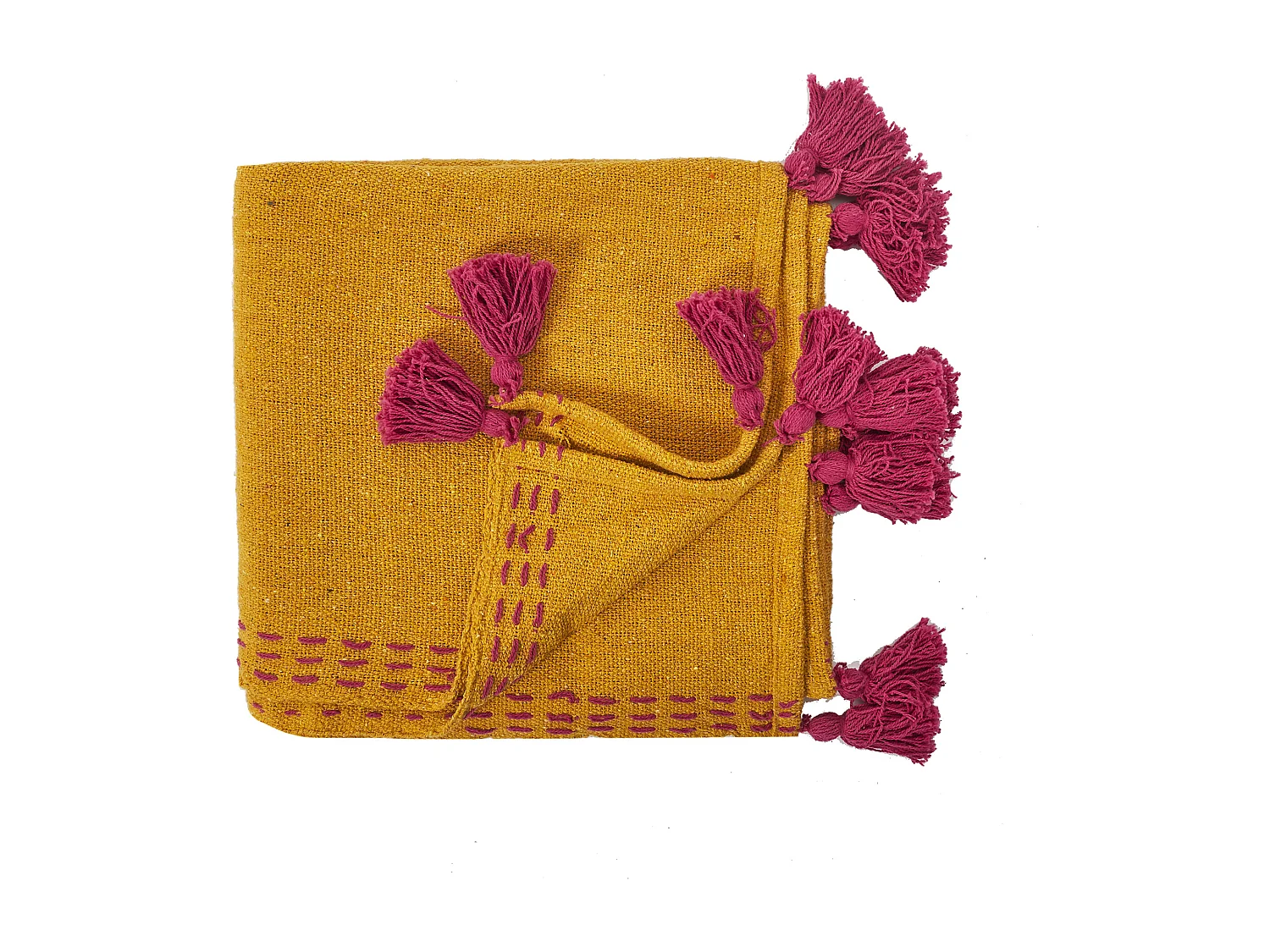 Jete De Canape Surpique Pompons Jaune 130x150cm