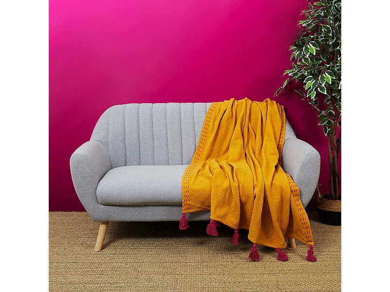 Jete De Canape Surpique Pompons Jaune 130x150cm