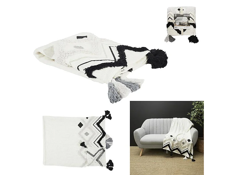 Jete De Canape Ethnique Tufte Noir 130x150cm