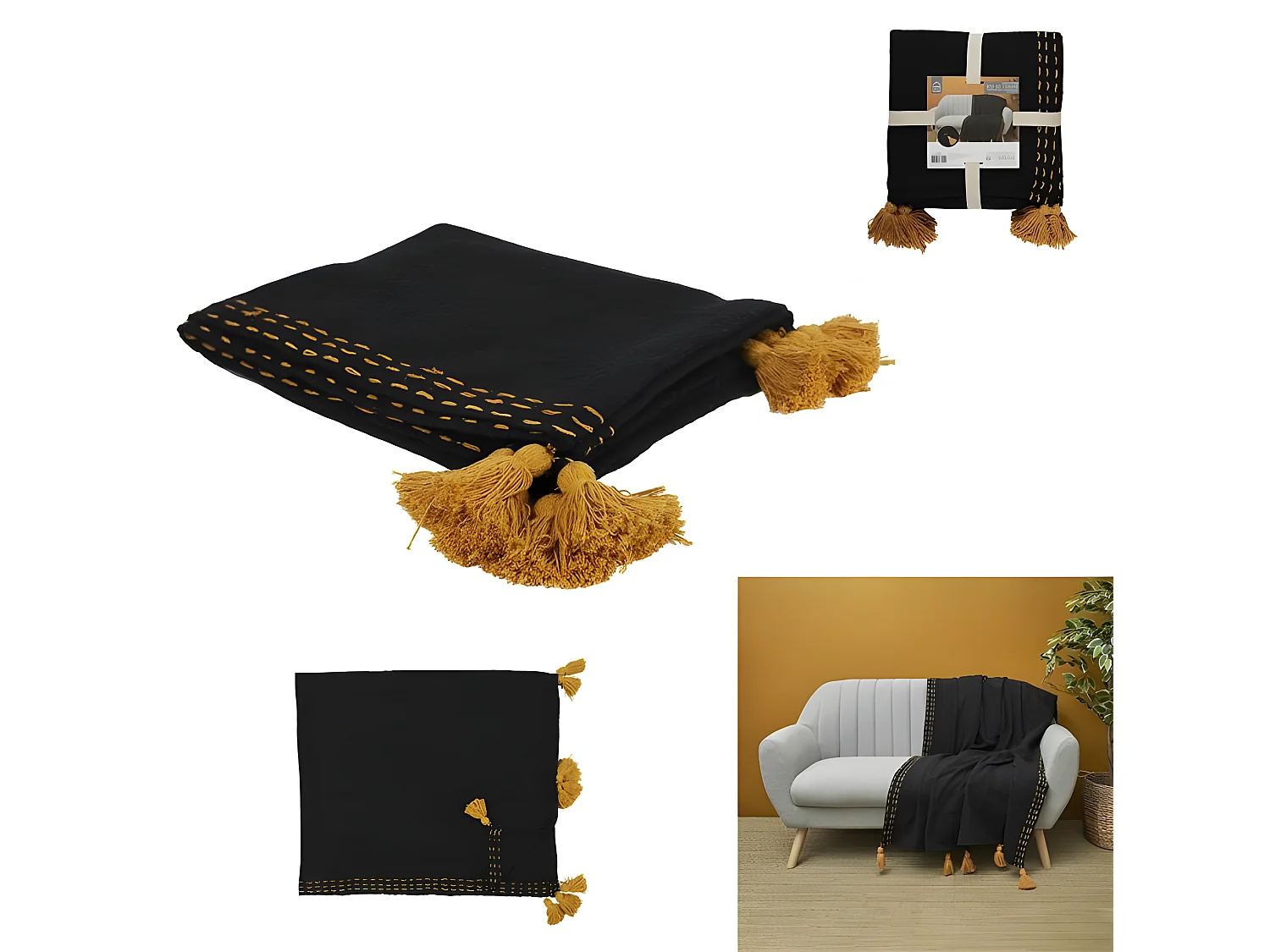 Jete De Canape Surpique Pompons Noir 130x150cm Noir, Jaune