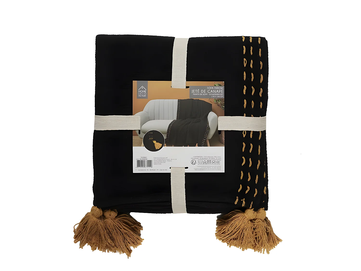 Jete De Canape Surpique Pompons Noir 130x150cm Noir, Jaune