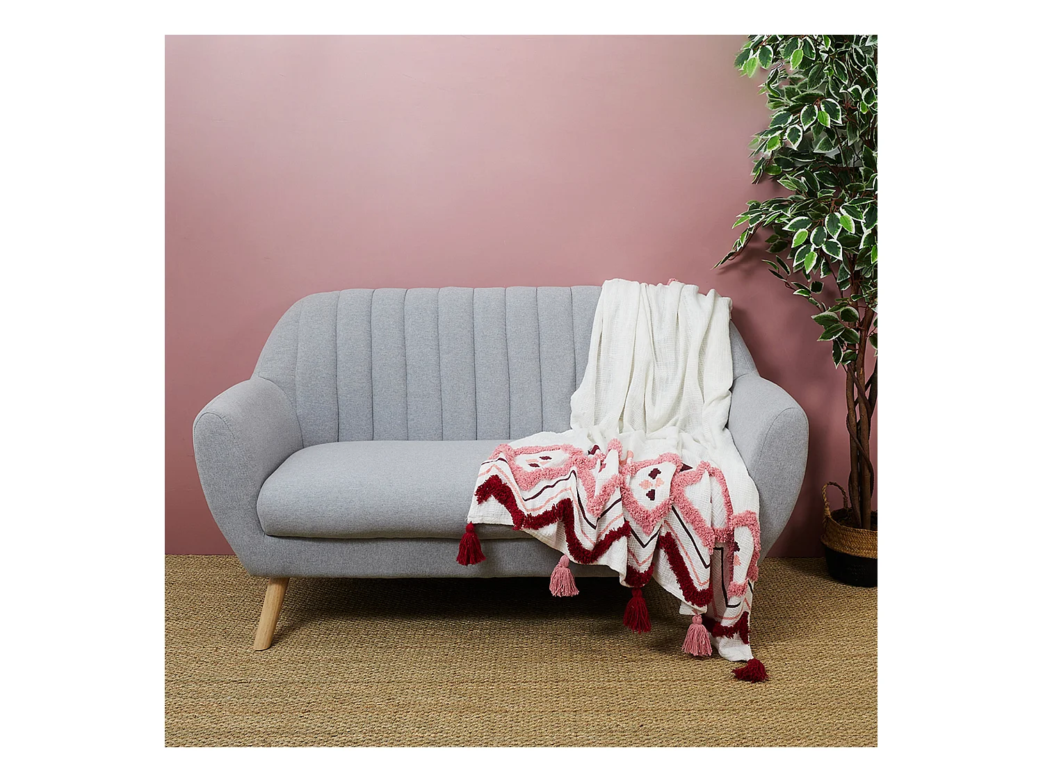 Jete De Canape Ethnique Tufte Rose 130x150cm