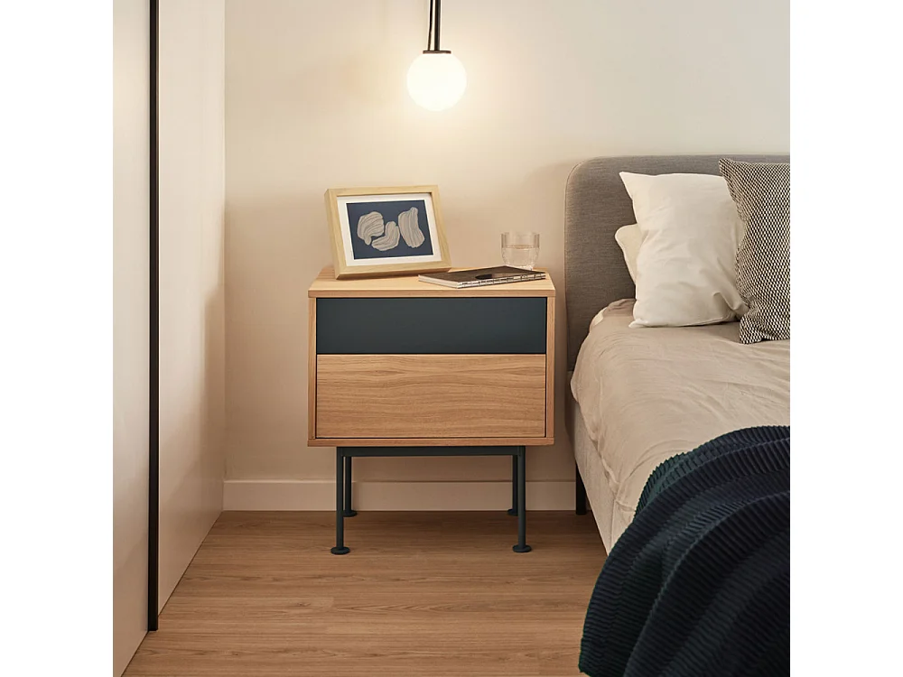 Yoko - Table de chevet 2 tiroirs en bois et métal : Couleur - Gris anthracite