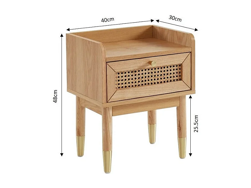 Table de chevet LEON placage chêne et cannage rotin 40cm