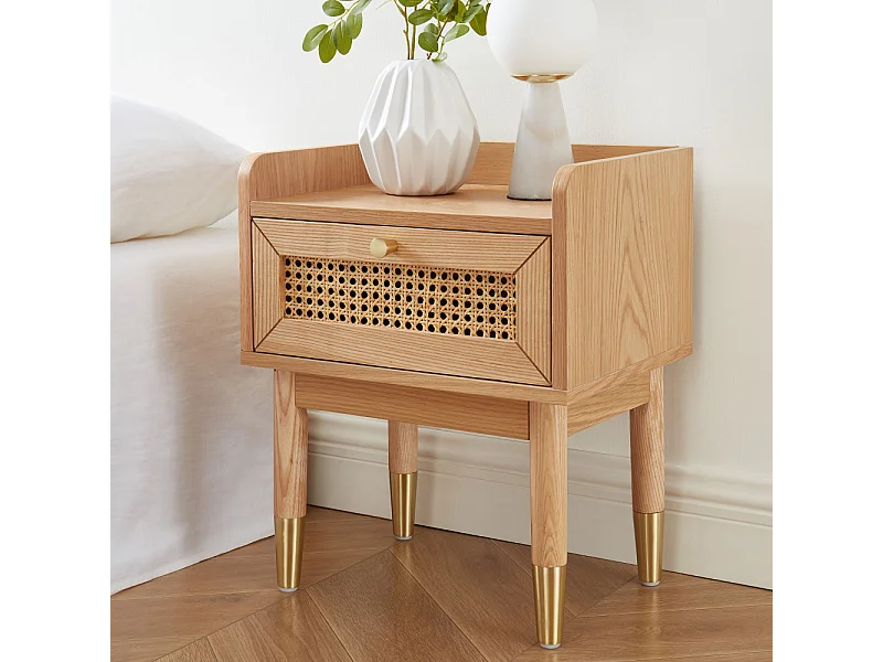 Table de chevet LEON placage chêne et cannage rotin 40cm